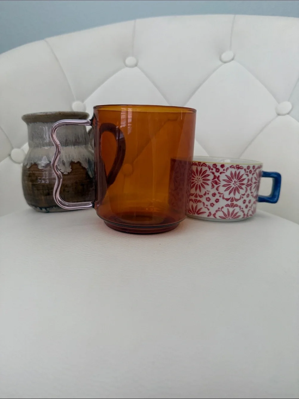 Amber Glass Mug with pink Curved Handle Bundle of 3 Boho Decor cups